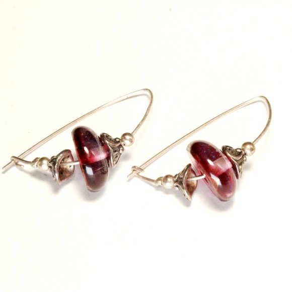 Sterling Silver Iridescent Cranberry Tumble Glass Long Dangle Earrings - Picture 7 of 8